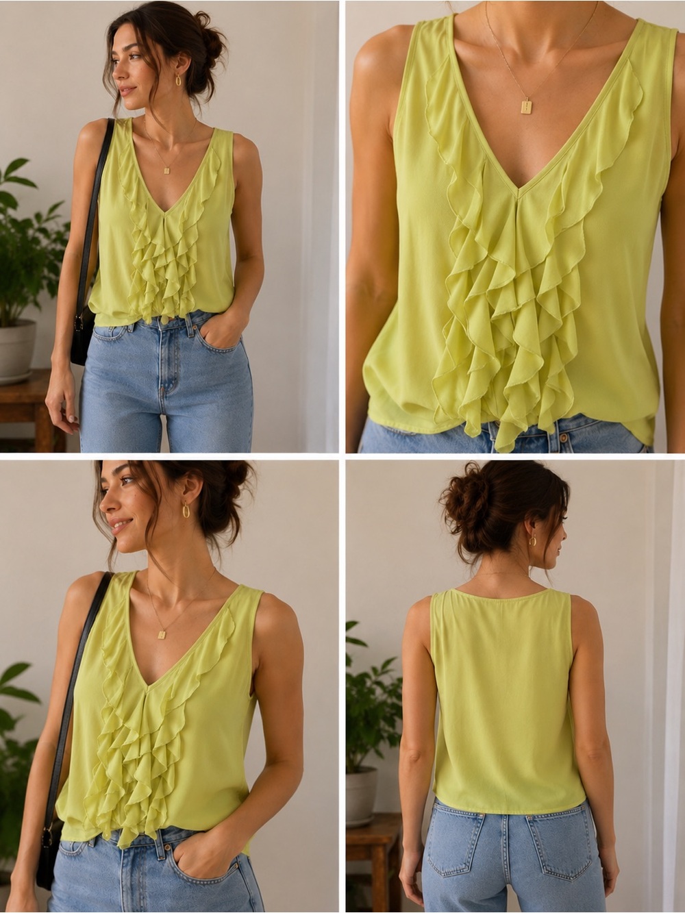 Caché 100% Silk Ruffle Tank Top Lime Green Size 8